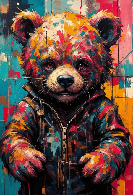(DxDRG:1.13),, intricate line work only, a large teddy bear, with an intricate digital glitch effect, with bright colors, sharp detailed focus,(glitch:0.777) and (cyberpunk:0.777), saturated with an overlay dirt textured, abstract surreal. with geometric abstract shapes on the background. The painting features dark tones, high contrast, clean lines, high resolution, and high brush detail.
<lora:MixedMedia:1.01>
<lora:Vintage comic book:0.777>
<lora:flux.1_lora_ink-dynamic:1>