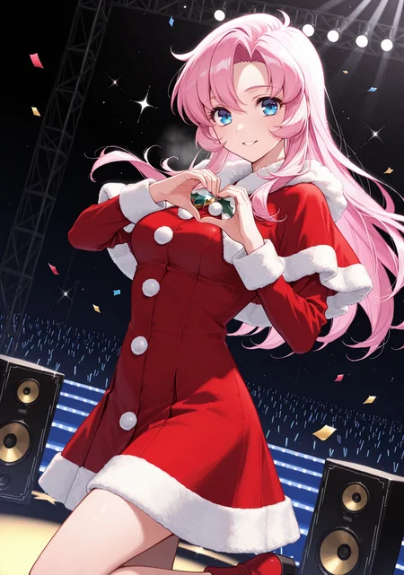 masterpiece, best quality, 1girl, solo, tenjou utena, long hair, pink hair, hair between eyes, medium breasts, winter dress, santa costume, fur-trimmed capelet, stage, concert, (sparkle), glint, heart, heart hands, cowboy shot, from side, dutch angle, stage lights, spotlight, speaker, confetti, leg up, blue eyes, looking at viewer, parted lips, smile