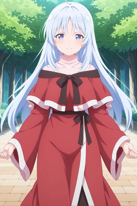 absurdres, highres, masterpiece, best quality, amazing quality, official anime artwork, screencap, anime screencap, outdoors, looking at viewer, light smile, dynamic pose, standing, 
 <lora:Shinki_Illustrious:1> shinki, 1girl, solo, blue eyes, white hair, long hair, small breasts,, black ribbon, red capelet, red dress, wide sleeves, alternate hairstyle,