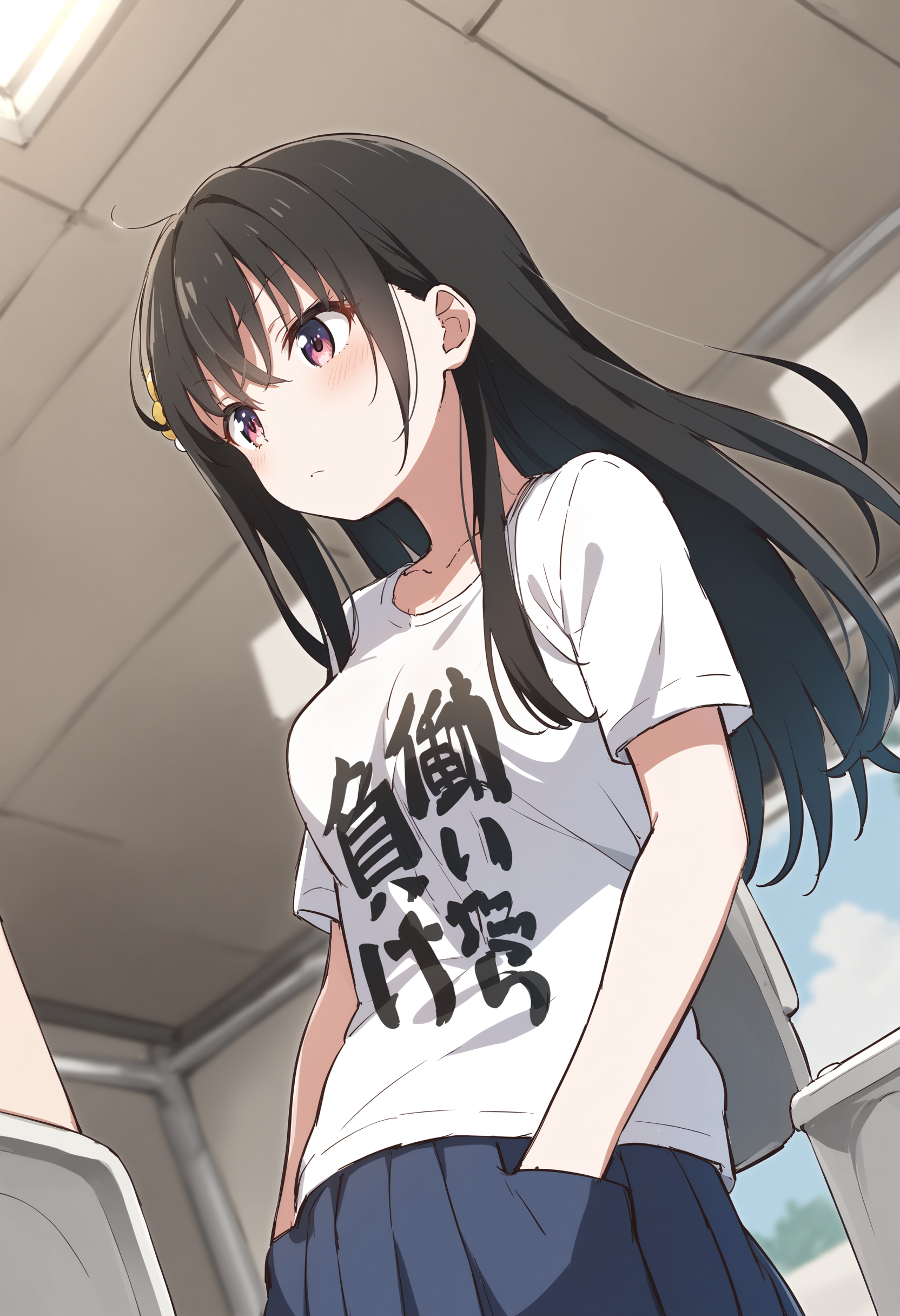 1girl,sincos, ningen mame, toosaka asagi,solo,medium breasts,school uniform,short sleeves,
you work you lose, clothes writing,  short sleeves, t-shirt, <lora:youworkyoulose_XL_v1:1>
ceiling, panorama shot, looking to the side, blue hair, pink eyes,expressionless, public toilet, closed mouth,
best quality, very aesthetic, absurdres