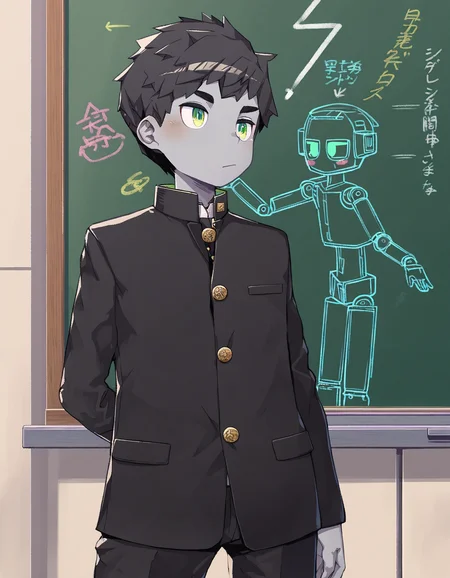 masterpiece, steelwire-style, indoors, chalkboard, cowboy shot, 1boy, solo, black hair, android, joints, grey skin, green eyes, blush, school uniform, gakuran, black pants, standing, looking away <lora:steelwire_naiXL_v1Nd-ShoAI:1>
