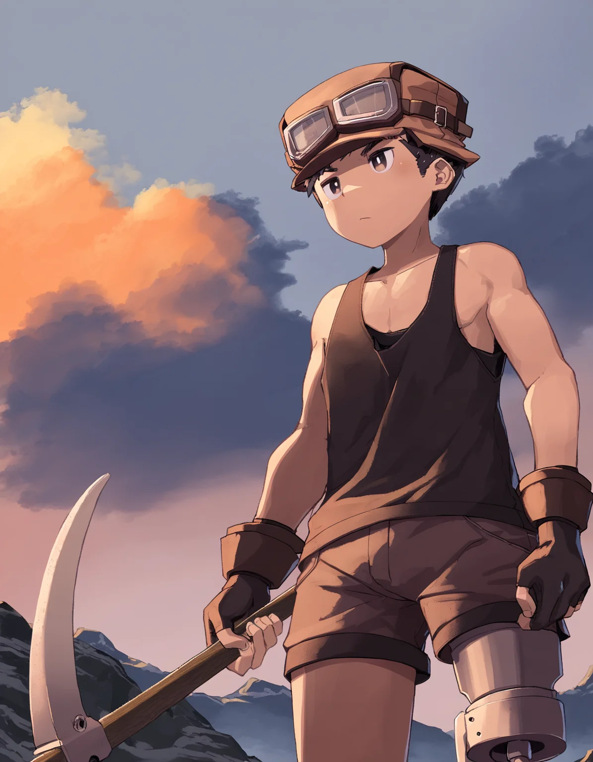 masterpiece, steelwire-style, outdoors, fantasy, evening, cowboy shot, from below, 1boy, solo, swminer, black hair, brown hat, goggles on headwear, standing, carrying pickaxe, shorts, black tank top, prosthetic leg, fingerless gloves, closed mouth <lora:steelwire_naiXL_v1Nd-ShoAI:1>