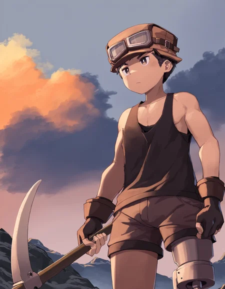 masterpiece, steelwire-style, outdoors, fantasy, evening, cowboy shot, from below, 1boy, solo, swminer, black hair, brown hat, goggles on headwear, standing, carrying pickaxe, shorts, black tank top, prosthetic leg, fingerless gloves, closed mouth <lora:steelwire_naiXL_v1Nd-ShoAI:1>