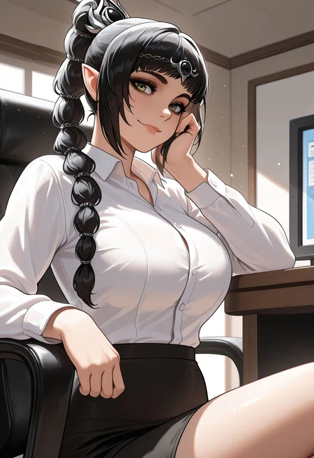 masterpiece,best quality,amazing quality, absurdres, <lora:shadowheart_bg3_ilxl_goofy:0.8> shadowheart \(baldur's gate\), green eyes, black hair, braided ponytail, multi-tied hair, circlet, pointy ears, 1girl, alternate costume, arm rest, black bow, black skirt, bow, breasts, chair, closed mouth, collared shirt, contemporary, dress shirt, elbow rest, hand on own cheek, hand on own face, indoors, large breasts, light particles, long hair, long sleeves, looking at viewer, office chair, office lady, ponytail, shirt, sitting, skirt, smile, solo, swivel chair, white shirt