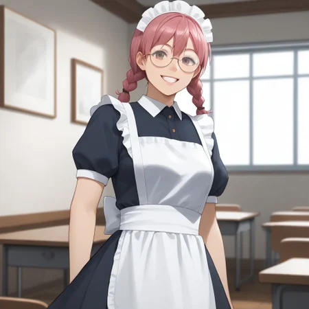 score_9, score_8_up, score_7_up, source_anime, intricate details, BREAK minori, 1girl, solo, short hair, twin braids, no eyes, opaque glasses, round eyewear, thick glasses of lenses, maid uniform, maid headdress, maid apron, looking at viewer, smile, cowboy shot, school
