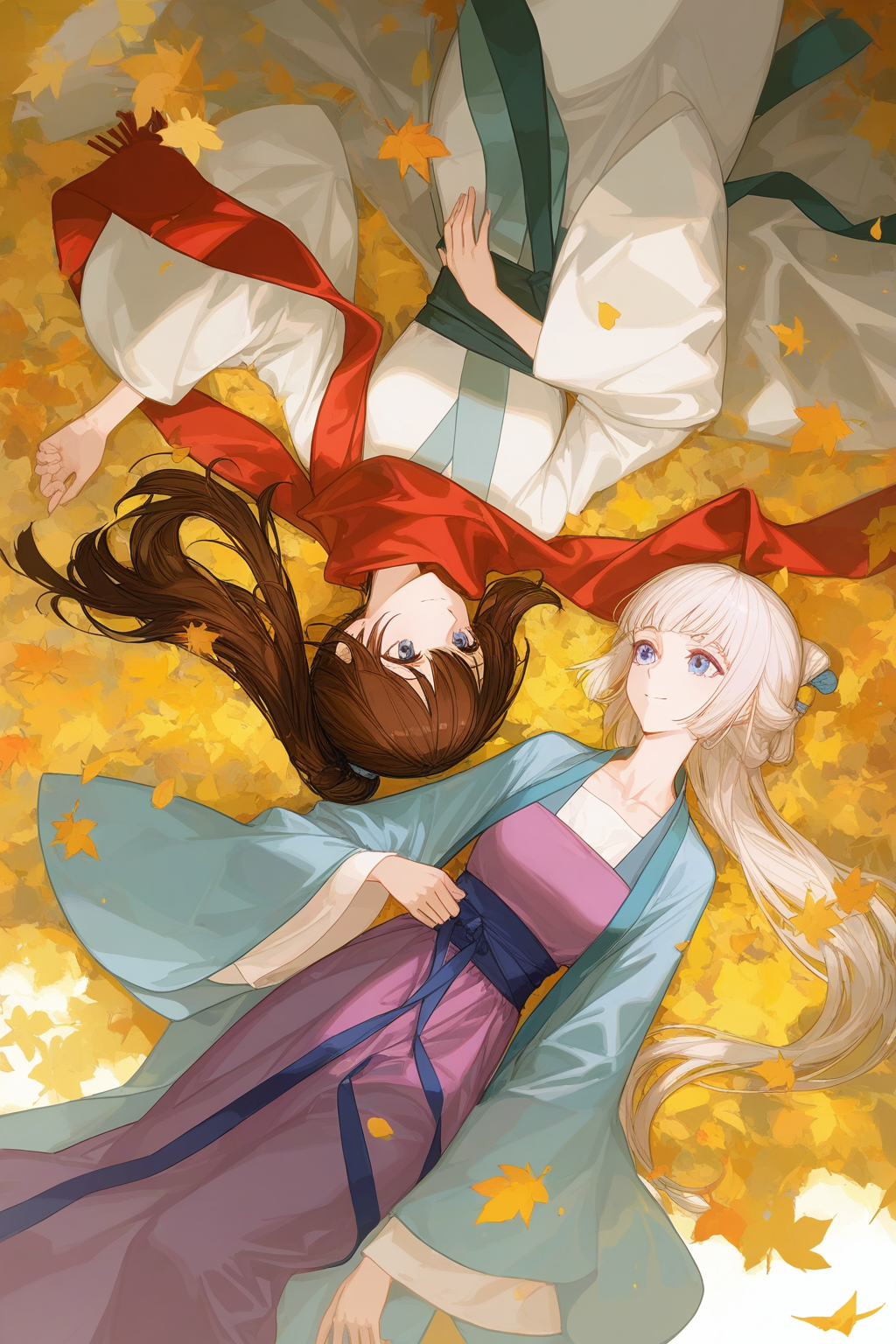 -fenglingyuxiu, brown hair, lying, long hair, blue eyes, 2girls, multiple girls, red scarf, chinese clothes, on back, scarf, hanfu, leaf, white hair, ponytail, long sleeves, smile, looking at another artist:ask_(askzy),artist:yolanda,[artist:WANKE],artist:ciloranko,multicolored,<lora:fenglingyuxiu-000018:0.6>,