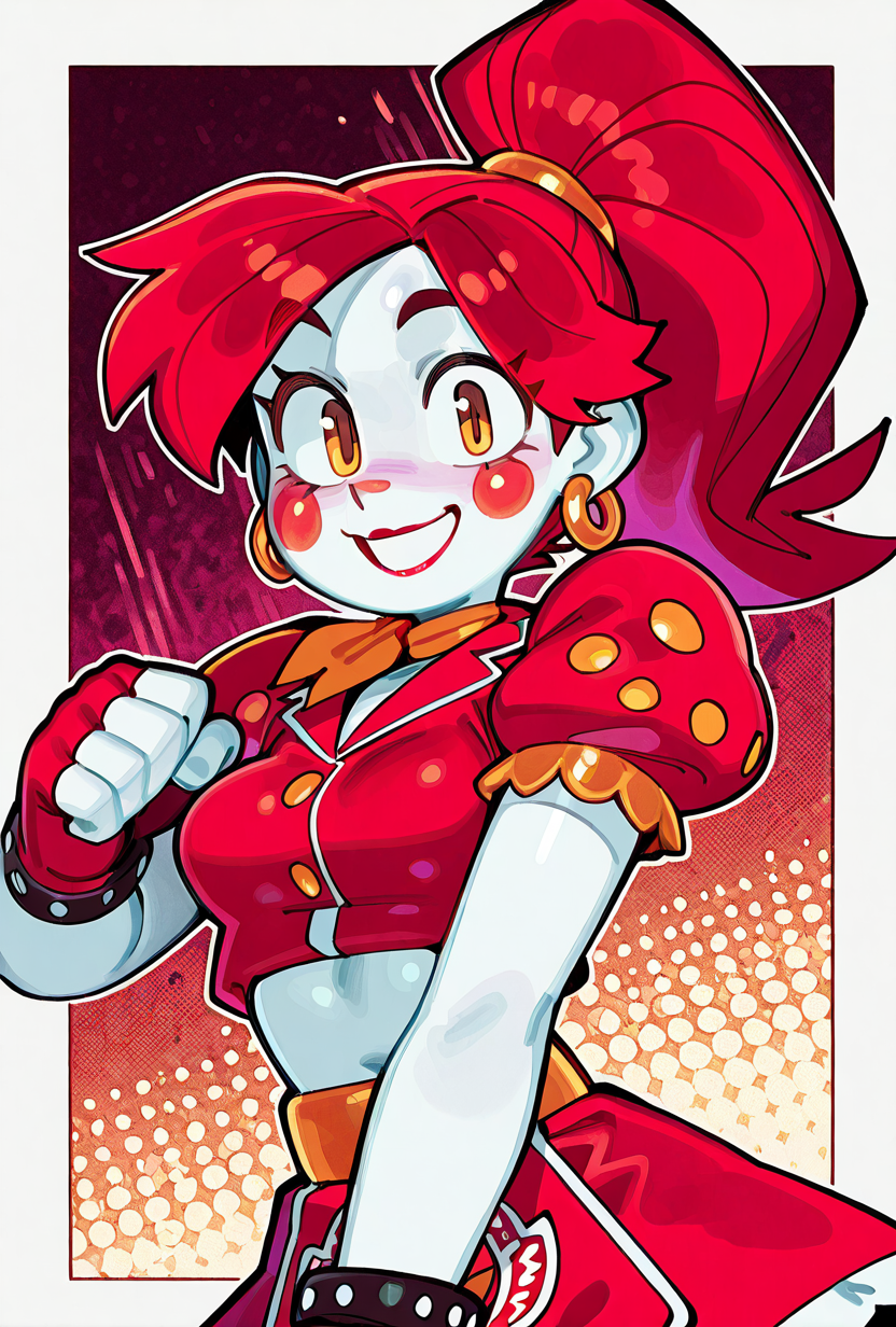 <lora:ilglambab-10:1> glambab, white skin, 1girl, red hair, ponytail, wide smile, earrings, short puffy sleeves, red fingerless gloves, red dress, red lips, midriff, red nose,  ((dynamic pose)), red skirt,  <lora:Wamudraws_Style_Ill:1> artist:wamudraws, score_9, score_8_up, score_7_up, masterpiece, best quality, masterpiece, best quality, amazing quality, very aesthetic, absurdres, newest,, upper body, halftone effect, white borders, abstract background:1.2,