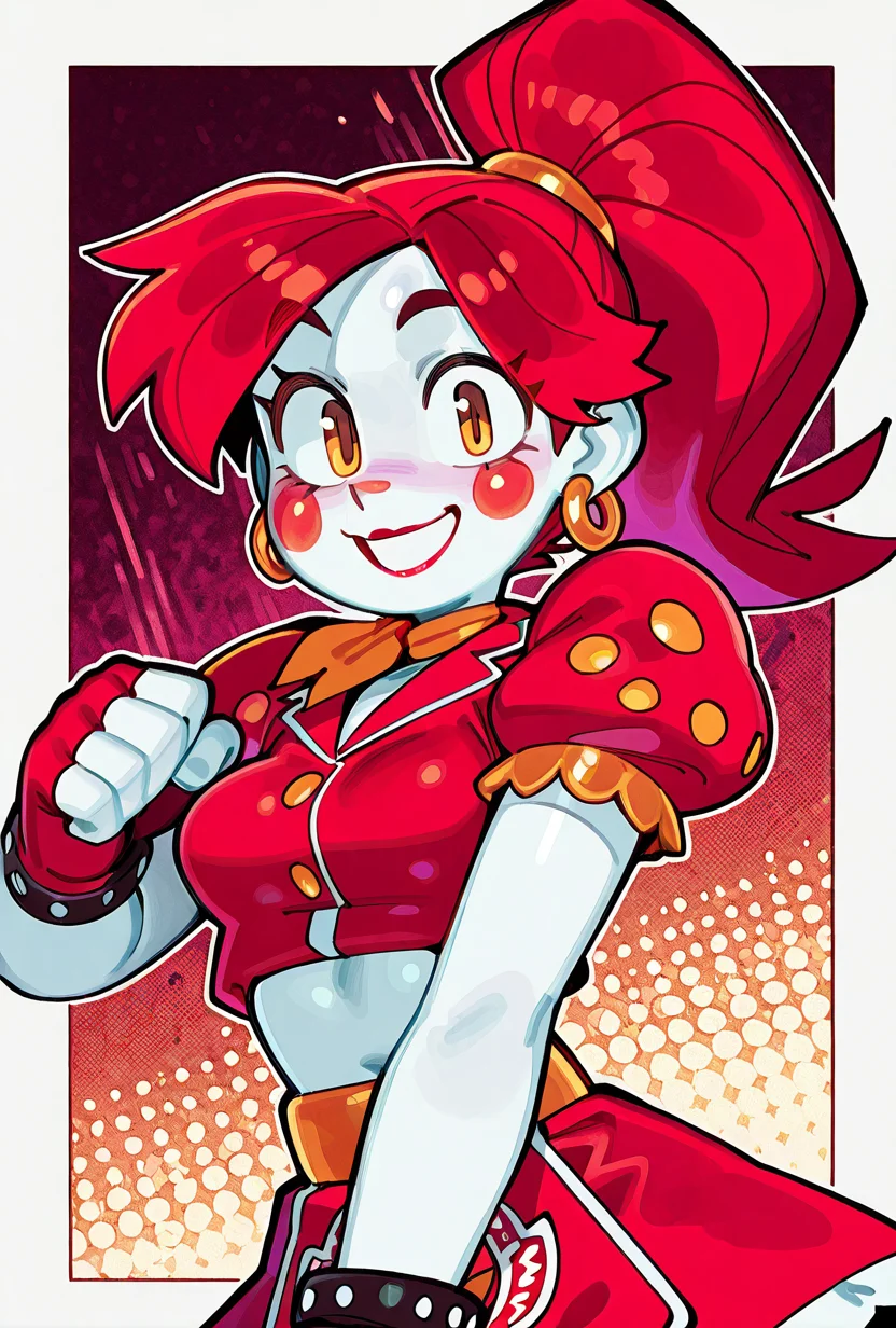 <lora:ilglambab-10:1> glambab, white skin, 1girl, red hair, ponytail, wide smile, earrings, short puffy sleeves, red fingerless gloves, red dress, red lips, midriff, red nose, ((dynamic pose)), red skirt, <lora:Wamudraws_Style_Ill:1> artist:wamudraws, score_9, score_8_up, score_7_up, masterpiece, best quality, masterpiece, best quality, amazing quality, very aesthetic, absurdres, newest,, upper body, halftone effect, white borders, abstract background:1.2,