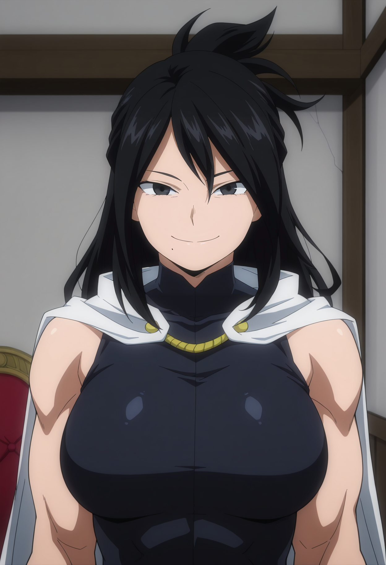 1girl,solo,mm,mature female,black hair,mole under mouth,long hair,muscular,black eyes,large breasts,anime coloring,
bodysuit, cape,sleeveless,upper body, looking at viewer, smile,indoors 
,masterpiece,best quality,amazing quality,<lora:Shimura_nana-My_Hero_Academia:0.8>