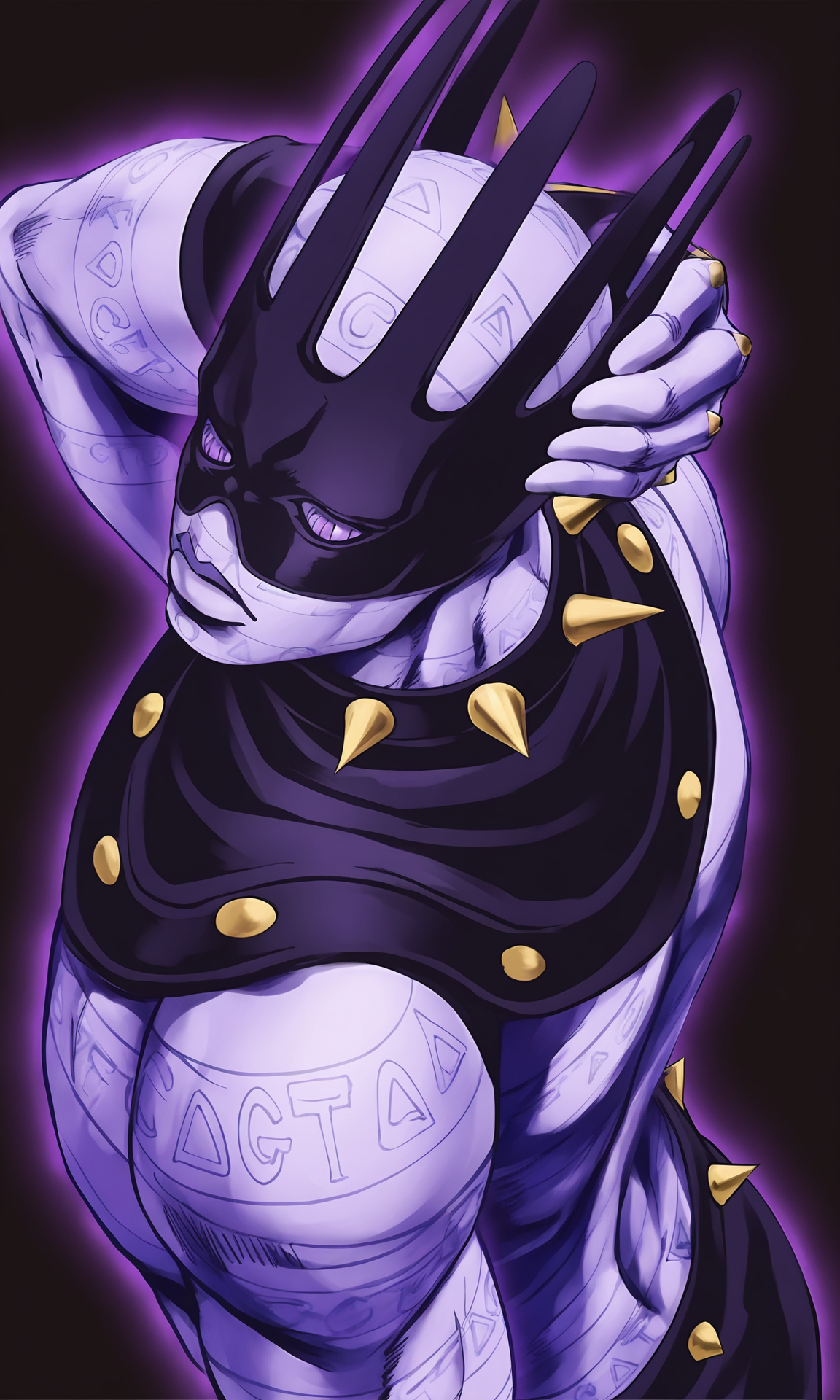 masterpiece, best quality,
from above, upper body, frpm behind, looking back,
hand behind head,
stand(jojo), 
white_snake\(jojo_stone_ocean\), 1man, solo,
mask, crown, spiked collar,
tattoo, wristband,
purple skin, glowing outline, purple outline,
black background,
<lora:JOJO_WhiteSnake_iXL-000019:0.9>