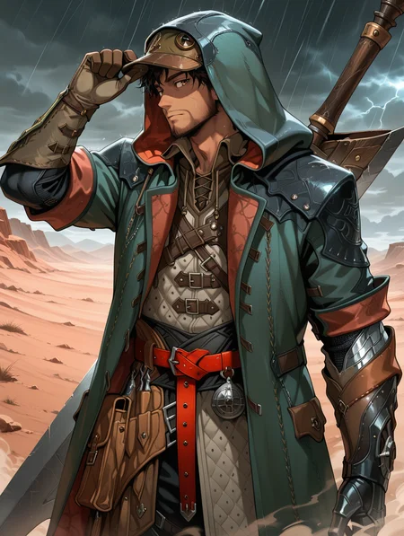 hope male armor,1boy,male focus,solo,facial hair,weapon on back,huge sword,adjusting cap,beard,looking at viewer,closed mouth,nature,looking to the side,storm,desert,dust cloud,green hood,brown cap,green coat,white gloves,white shirt,red belt,brown pouch,shadow,
masterpiece,best quality,amazing quality,very aesthetic,absurdres,newest,<lora:MHWilds hope armor illuXL v1:0.8>,