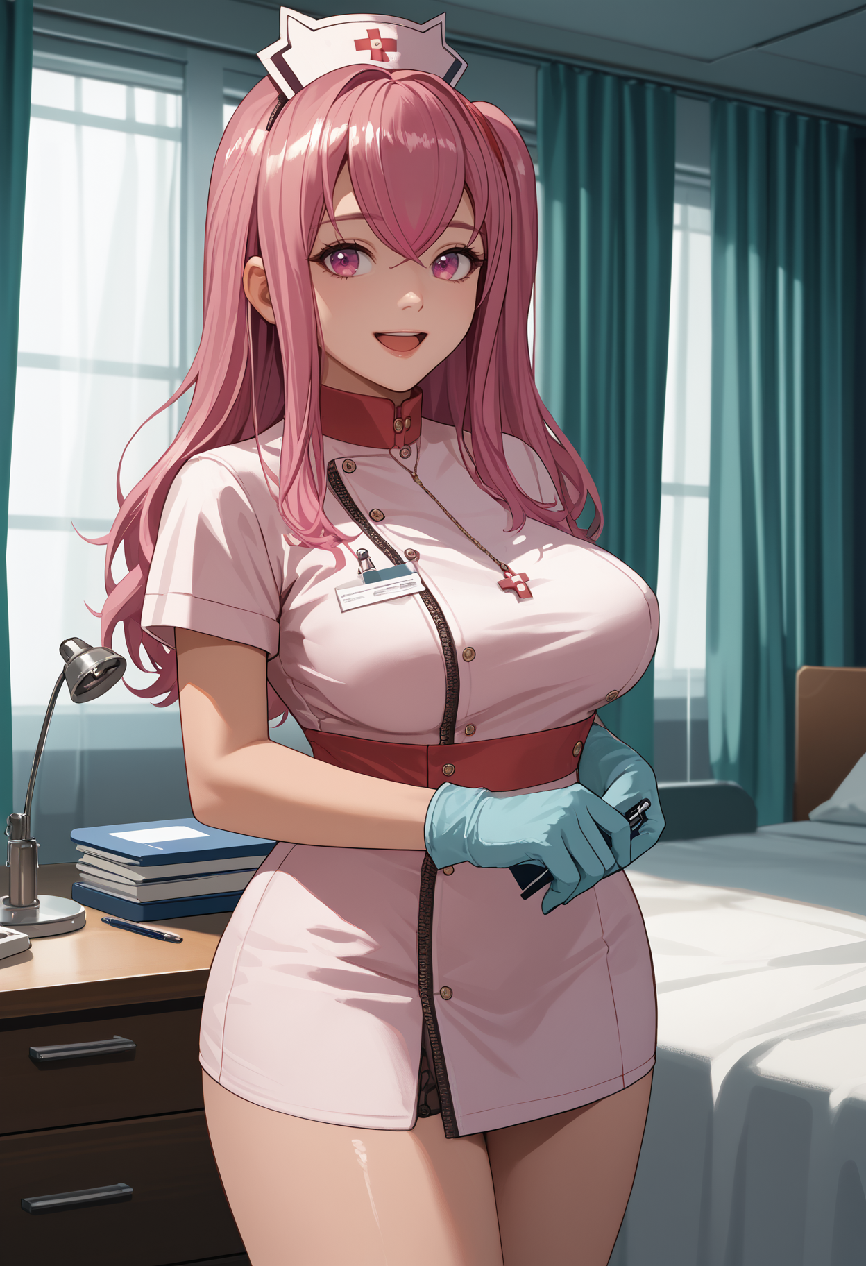 score_9, score_8_up, score_7_up, source_anime BREAK 1girl, solo, <lora:pepper-nikke-richy-v1_pdxl:1> ppprdf, pink eyes, pink hair, long hair, sidelocks, side ponytail, large breasts, nurse cap, nurse, wide hips, standing, looking at viewer, smile, open mouth, indoors, infirmary, curtains