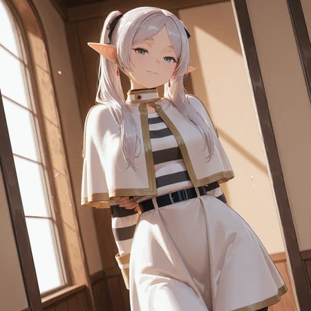 masterpiece,best quality,amazing quality,solo, 1girl, grey hair, long hair, green eyes, twintails, parted bangs, earrings, pointy ears,FrierenCasual, striped shirt, white capelet, black belt, white skirt, long sleeves, black pantyhose,cute,sakura,flower petals,wind,gentle smile,volumetric lighting,ovstyle