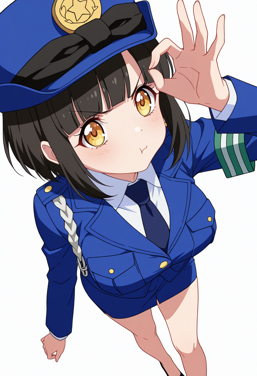 Smooth Quality,masterpiece,very intricate, high quality details, ultra realistic, high detailed skin,detailed enviorement,absurdres,
ok sign ,
 <lora:Tachibana_Mei_CNR:0.8> mei_cnr,  black hair, short hair, bob cut, blunt bangs, yellow eyes, large breasts,mei_cnr_def, 1girl,police uniform, blue jacket, shirt, collared shirt, pencil skirt, blue necktie, armband, police hat, breast pocket,black footwear,, pout,, simple background, white background, dutch angle,solo,