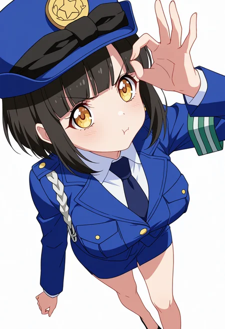 Smooth Quality,masterpiece,very intricate, high quality details, ultra realistic, high detailed skin,detailed enviorement,absurdres,
ok sign ,
<lora:Tachibana_Mei_CNR:0.8> mei_cnr, black hair, short hair, bob cut, blunt bangs, yellow eyes, large breasts,mei_cnr_def, 1girl,police uniform, blue jacket, shirt, collared shirt, pencil skirt, blue necktie, armband, police hat, breast pocket,black footwear,, pout,, simple background, white background, dutch angle,solo,