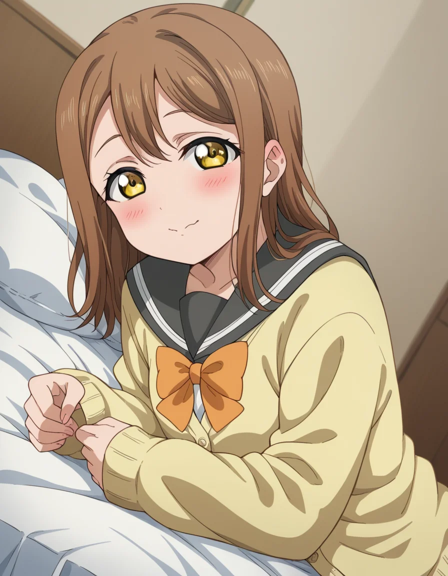 score_9, score_8_up, score_7_up, source_anime, <lora:hanamaru-kunikida-s2-ponyxl-lora-nochekaiser:1>, hanamaru kunikida, long hair, bangs, brown hair, yellow eyes,, long sleeves, bow, school uniform, serafuku, bowtie, cardigan, uranohoshi school uniform, yellow cardigan,, indoors, bed, bed room, on side, blush, drunk, looking at viewer, solo,, cowboy shot, dutch angle