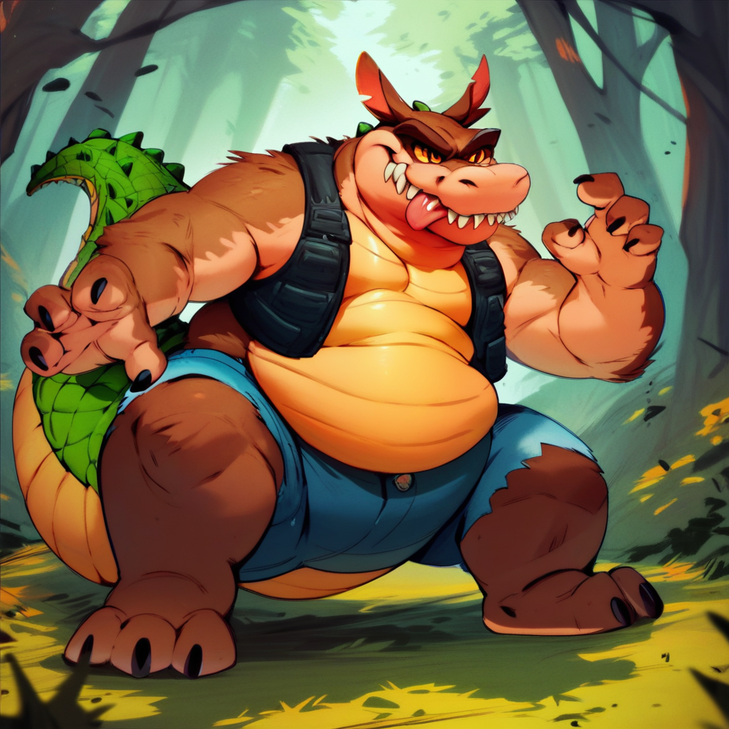 score_9, score_8_up, score_7_up, score_6_up, score_5_up, score_4_up, dingodile, dingo, crocodile tail, monster, mutant, scaly, furry, vest, jeans, fat, chubby, orange eyes, smile, tongue out, action pose, forest background,