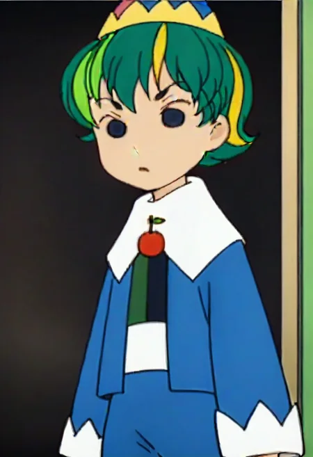hat, green hair, multicolored hair, long sleeves, short hair, cherry, fruit, 1girl, blonde hair, black eyes,,,,,,,,,,, ,,,,,anime coloring,anime screencap, 1girl,Solo ,, anime,,,,official art, Uncensored ,Unedited ,,,,, ,,,,,,