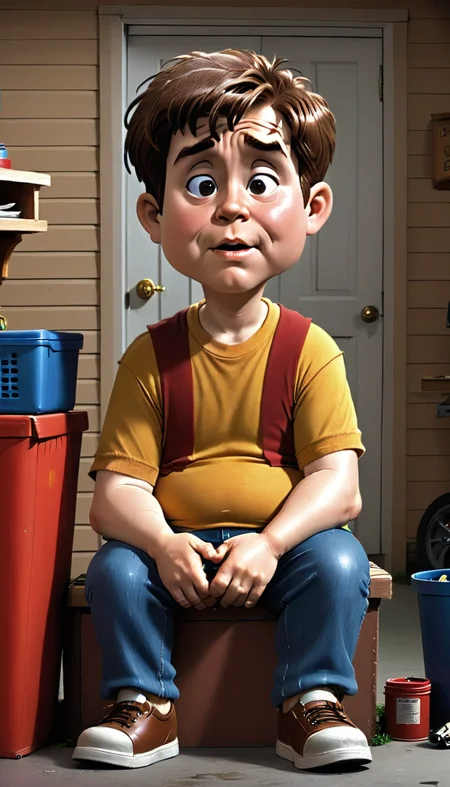 <lora:Everly Heights TaleSpinner:1> Encyclopedia Brown, now a chubby 35-year-old man, sits in his garage alone and waits for a customer that will never come. Cinematic still from an HBO-style Encyclopedia Brown adult animated series.