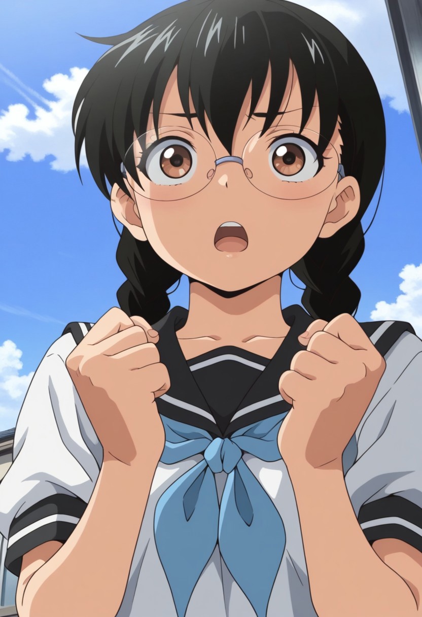 masterpiece,best quality,amazing quality, izumi yuka, glasses, black hair, twin braids, brown eyes, 1girl, solo, school uniform, serafuku, sky, day, open mouth, cloud, braid, clenched hands