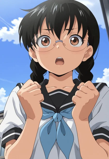 masterpiece,best quality,amazing quality, izumi yuka, glasses, black hair, twin braids, brown eyes, 1girl, solo, school uniform, serafuku, sky, day, open mouth, cloud, braid, clenched hands