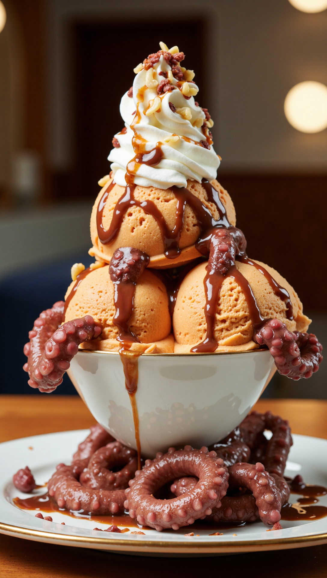 Create a visually stunning octopus ice cream sundae,served on an elegant plate. The sundae features scoops of orange ice cream with realistic,varied shades of brown,and (garnished with rolled up tentacle pieces:3). Top it with whipped cream and drizzle with chocolate sauce,sprinkled with a variety of nuts. Ensure the background is a warm,indoor setting with soft,natural light filtering through,creating a cozy,inviting atmosphere. The composition should be well-lit,highlighting the textures and colors of the ice cream and tentacles,making it look delicious and visually intriguing.,sharp focus,hyperdetailed photography,masterpiece,best quality,high quality,highres,ultra-detailed,best quality,8K,high resolution,extreme detail,(outstanding composition:1.4)