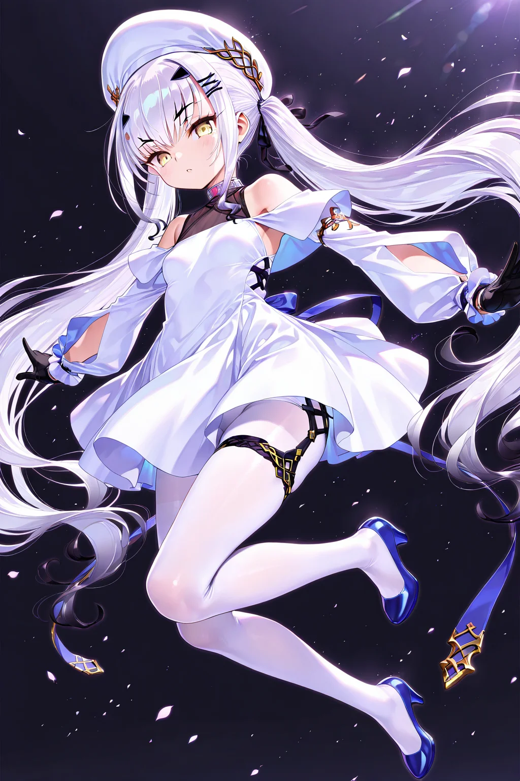 melusine \(Spiritron Dress\) \(fate\),1girl,gloves,black gloves,dress,long hair,white dress,solo,pantyhose,twintails,hat,looking at viewer,white pantyhose,day,bangs,hair ornament,white hair,hairclip,full body,very long hair,white headwear,yellow eyes,<lora:melusine2 (Spiritron Dress) (fate):0.8>,(black background:1.1),, masterpiece,best quality,amazing quality,