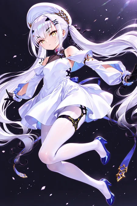 melusine \(Spiritron Dress\) \(fate\),1girl,gloves,black gloves,dress,long hair,white dress,solo,pantyhose,twintails,hat,looking at viewer,white pantyhose,day,bangs,hair ornament,white hair,hairclip,full body,very long hair,white headwear,yellow eyes,<lora:melusine2 (Spiritron Dress) (fate):0.8>,(black background:1.1),, masterpiece,best quality,amazing quality,