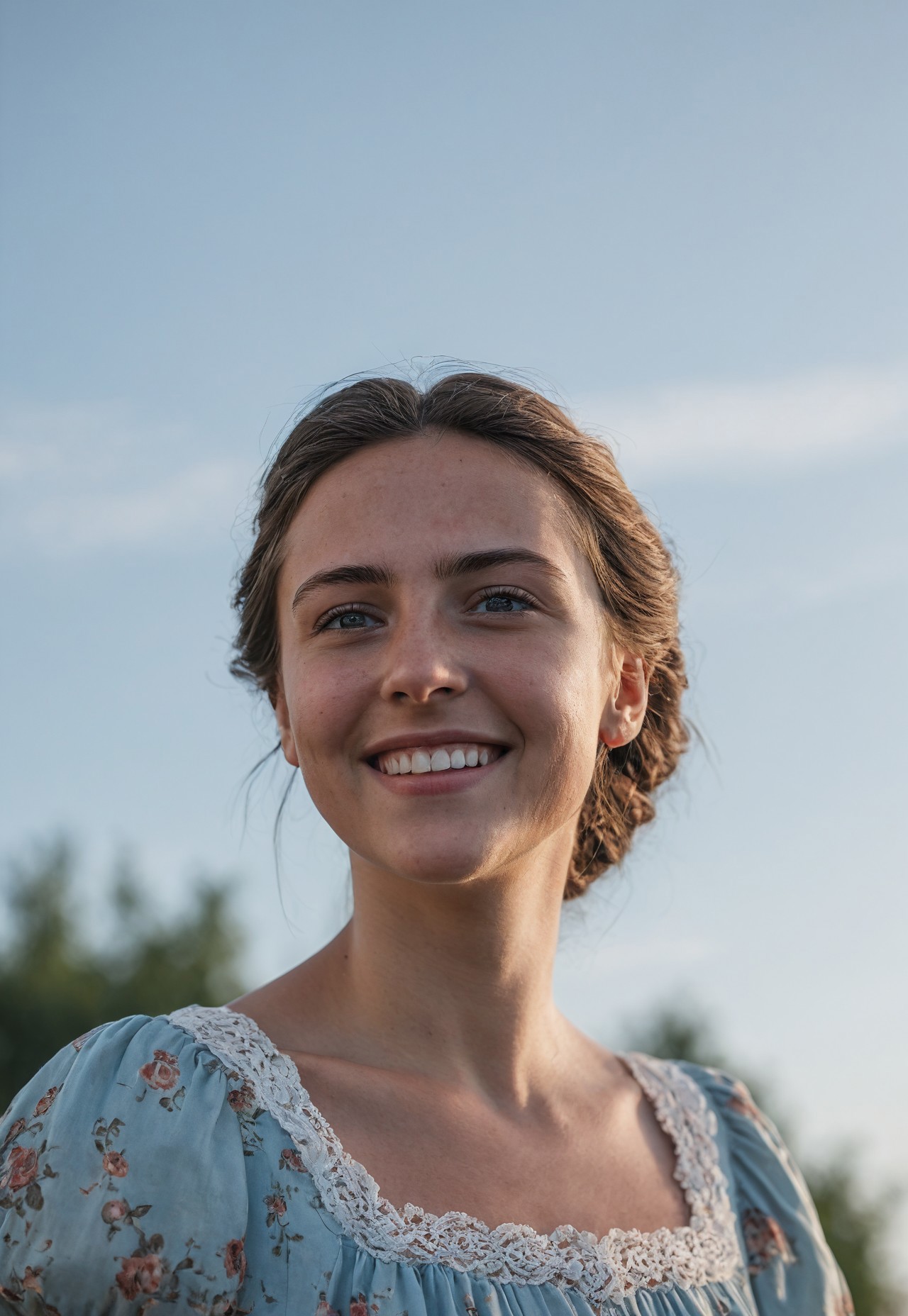 Low angle, Close up of a 25 years Hungarian girl's head and shoulders, tilted head towards, smiling, wearing Vintage Dress, the background is a clear pale blue sky, Sony a7iii, Tamron 35-150mm f/2-2.8 Di III VXD Lens, 85mm focal length, F/1.8, iso 100, Shallow depth of field, Low Contrast, Muted colors, Vintage look, Washed out colors