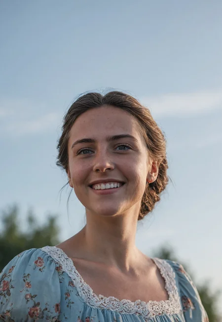 Low angle, Close up of a 25 years Hungarian girl's head and shoulders, tilted head towards, smiling, wearing Vintage Dress, the background is a clear pale blue sky, Sony a7iii, Tamron 35-150mm f/2-2.8 Di III VXD Lens, 85mm focal length, F/1.8, iso 100, Shallow depth of field, Low Contrast, Muted colors, Vintage look, Washed out colors