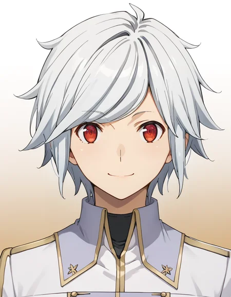score_9, score_8_up, score_7_up, source_anime, BREAK
1boy, solo, gradient background, looking at viewer, upper body, front view,
bell cranel, short hair, white hair, spiky hair, red eyes,
freya uniform, white jacket, gold trim,
light smile,
<lora:bell_cranel_anime-soralz:0.9>