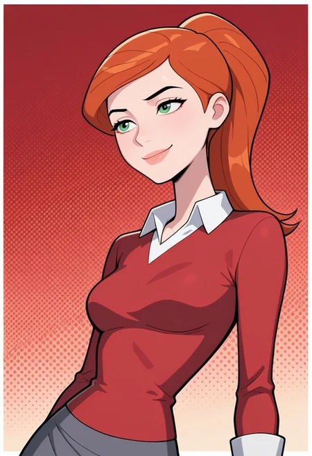 gwenuaf, 1girl, ponytail, solo, green eyes, orange hair, lips, breasts, collared shirt, long sleeves, red shirt, white shirt collar, dark grey skirt, black pants,, smile, upper body, halftone effect, white borders, abstract background:1.2, , masterpiece, best quality, amazing quality, very aesthetic, absurdres, newest, red background,