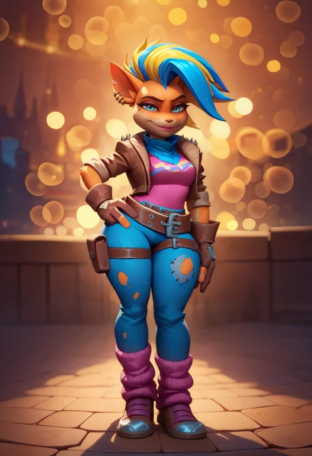 masterpiece, best quality, bokeh, night, outdoors, 1girl, solo, furry female, two-tone fur, orange fur, white fur, two-tone hair, blonde hair, blue hair, mohawk, blue eyes, snout, multiple earrings, mole under eye, brown jacket, cropped jacket, spikes, sleeves rolled up, pink top, blue bandana, brown partially fingerless gloves, brown belt, multiple belts, torn jeans, thigh strap, thigh pouch, pink leg warmer, brown footwear, <lora:Pirate Tawna:1>
full body, looking at viewer, smile,