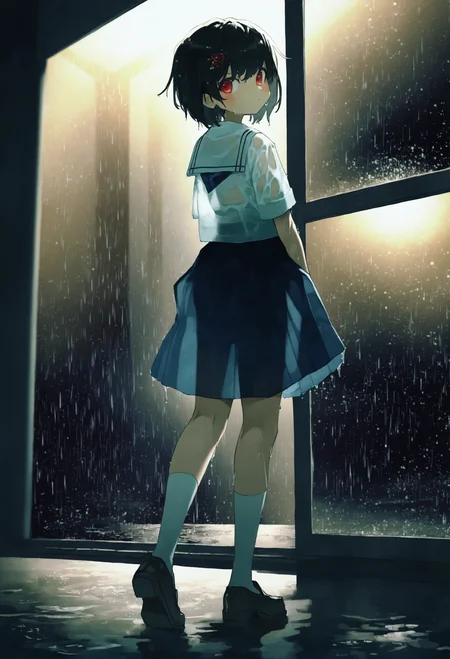 1girl,
solo, skirt, school uniform, rain, serafuku, looking back, sailor collar, black hair, short hair, short sleeves, from behind, shirt, looking at viewer, white sailor collar, white shirt, outdoors, standing, night, red eyes, socks, pleated skirt, dark, closed mouth, black footwear, white socks, wet clothes, see-through silhouette, blue skirt, hair ornament, blush, neckerchief, shoes, loafers, wet, kneepits, full body,
.
masterpiece, best quality, very aesthetic, absurdres
<lora:potgfornoob:0.95>