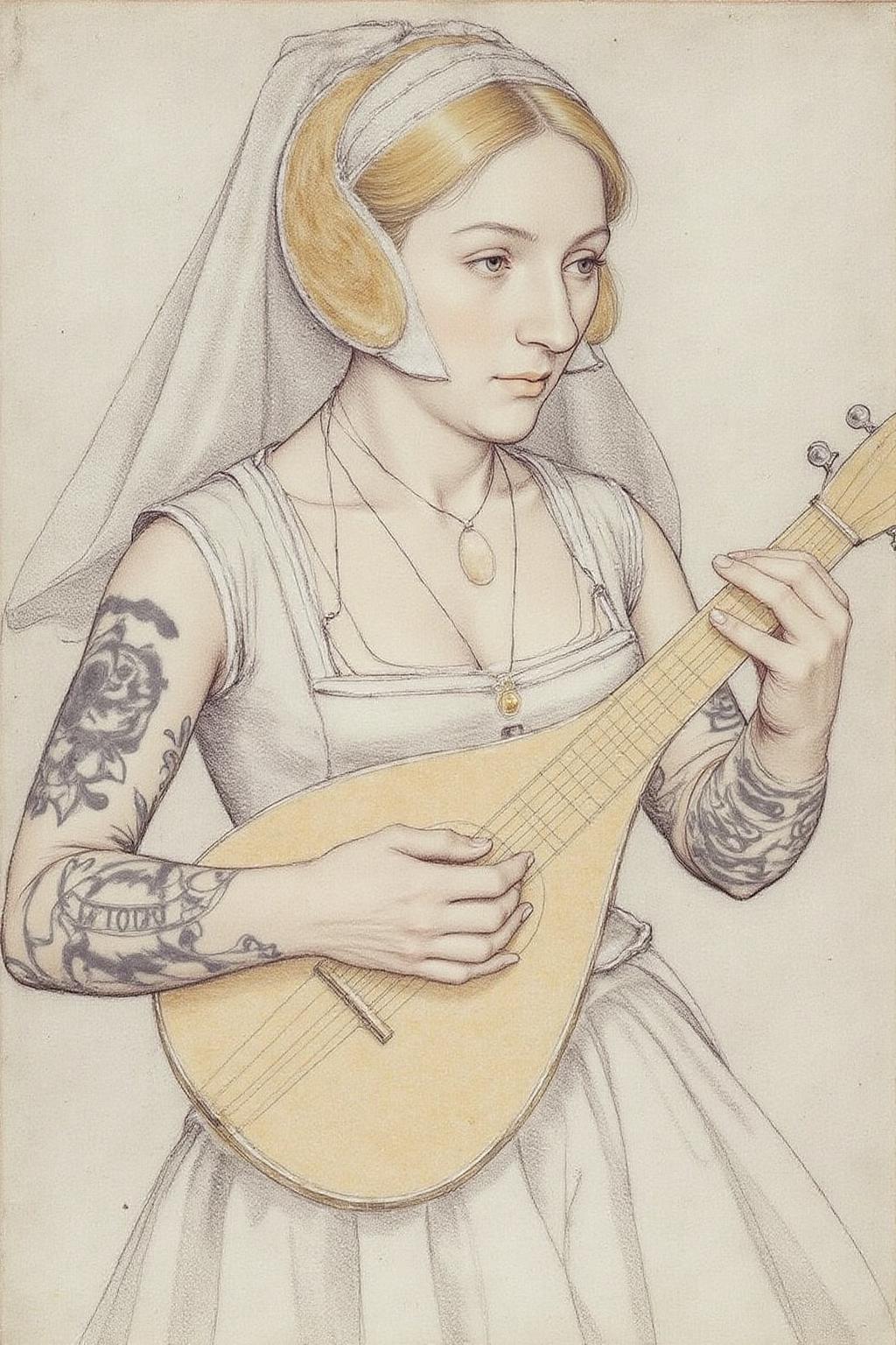 hansho1 monochromatic pencil drawing,
A scene in a 16th century tudo era court setting, with a punk sailor moon playing a lute at a heavy metal mosh pit, tattoos, piercing. <lora:hansho2_nocap_d6a3e12:1.0><lora:817324416921897379:0>