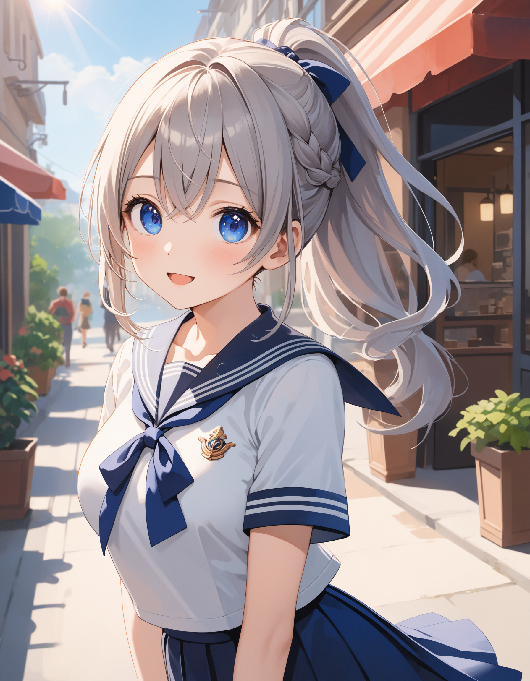 SceneDescription:
  - Composition: Upper body shot. Shooting from front.
  - Subject: A cute girl.
    - Characteristics:
      - Face: (Cute round face:1.1).
      - Eyes: Detailed dark-blue eyes.
      - Hair: Long wavy high (ponytail:1.2) with big ribbon hair ornament, (gray hair), (gray inner hair), left side french braid, ahoge and hair between eyes.
      - Body: Detailed slender body. Large breasts.
      - Clothing: School uniform, navy sailor collar, short sleeves and navy pleated skirt.
      - Expression: Amused expression. Open mouth.
      - Posing: (Arms behind back:1.2). Head tilt. Looking at viewer.
  - Background: Fashionable cafe street.
    - Elements: Decorative plants. Blue sky. Lens flare.
Time: Daytime.
Lighting: (Natural lighting:1.4).
ArtStyle: Watercolor. Traditional media.
Quality: Intricate details. Extremely detailed. Outstanding intricacies. (Masterpiece:1.2). (Best quality:1.2). (Absurdres absolutely resolution:1.4).
Mood: Serene atmosphere.