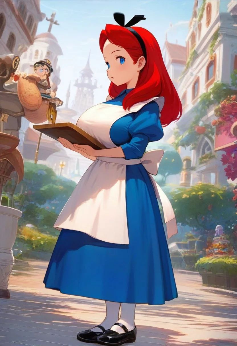 score_9, score_8_up, score_7_up, absurdres, anime screenshot, concept art, ultra realistic, 32k, masterpiece, best quality:1.1, looking at viewer, bowling alley, bowling pins, bowling shoes, holding bowling ball, bokeh, standing, huge breasts, from side, profile, <lora:AliceInWonderlandXLPony_character:1>, AliceWaifu, blue eyes, blue dress, white pantyhose, apron, black hairband, red hair, zPDXL3