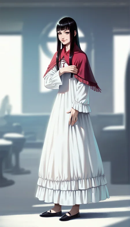 score_9,score_8_up,
realistic,(bloom:1.2),
<lora:leanne:1>,leanne,
1girl,solo,black hair,long hair,blunt bangs,red cape,brown eyeys,looking at viewer,smile,long white dress,black flat shoes,full body,hand on chest,standing,white background,
indoors,blurry background,
