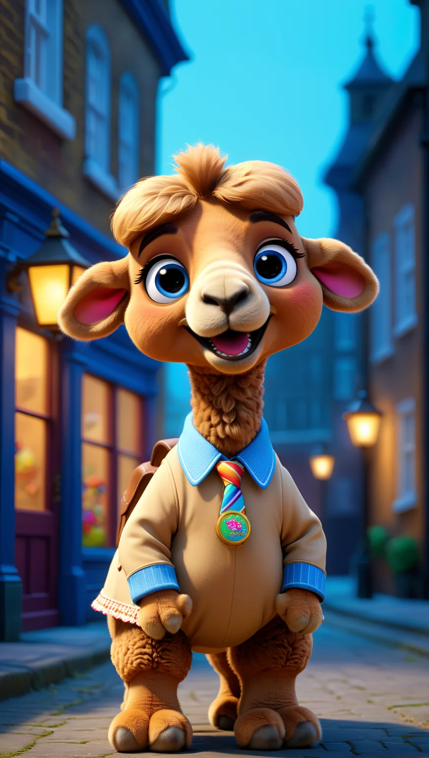 little camel dressed up as a kindergarten child,blue eyes,investigating a crime,pixar-style,ultra detailed,old london background,animated film,realistic lights,cinematic,studio photo,vivid colors,realistic lights,cinematic,sharp focus,photorealistic concept art,perfect composition,soft natural volumetric,cinematic perfect light,rendered in unreal engine,boost,<lora:xl_more_art-full_v1:0.5>,(european and american cartoons:1.3),little camel dressed up as a kindergarten child,