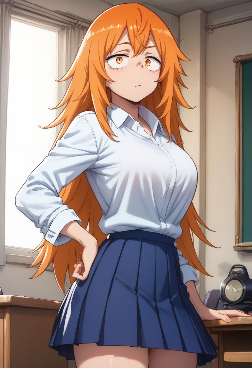 score_9, score_8_up, score_7_up, 8k uhd, masterpiece, best quality, high quality, absurd res, ultra-detailed, (highly detailed), solo, 1girl ,  gamo chan, orange hair, orange eyes, long hair, school uniform, white shirt, pleated skirt, cowboy shot, Expressiveh, <lora:add-detail-xl:1.2> , greatm8 style,