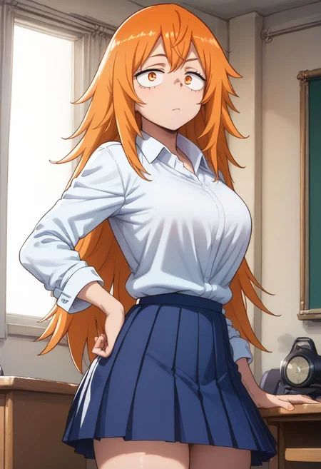 score_9, score_8_up, score_7_up, 8k uhd, masterpiece, best quality, high quality, absurd res, ultra-detailed, (highly detailed), solo, 1girl ,  gamo chan, orange hair, orange eyes, long hair, school uniform, white shirt, pleated skirt, cowboy shot, Expressiveh, <lora:add-detail-xl:1.2> , greatm8 style,