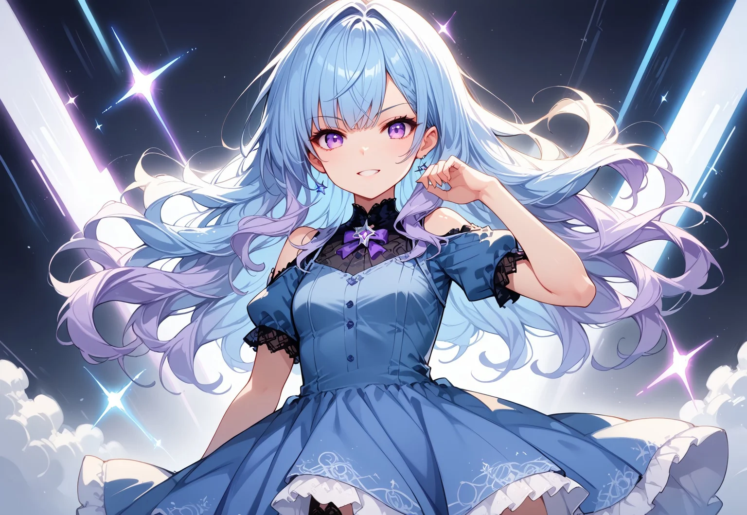 score_9, score_8_up, score_7_up, score_6_up, score_5_up, score_4_up, source_anime, solo, flat color, dark theme, 1girl, babblty, purple eye, long blue hair, wavy hair, blue to purple gradient, blue dress, dynamic pose, looking at viewer, MythAn1m3, waist-high art, cyberspace behind me, lots of holograms