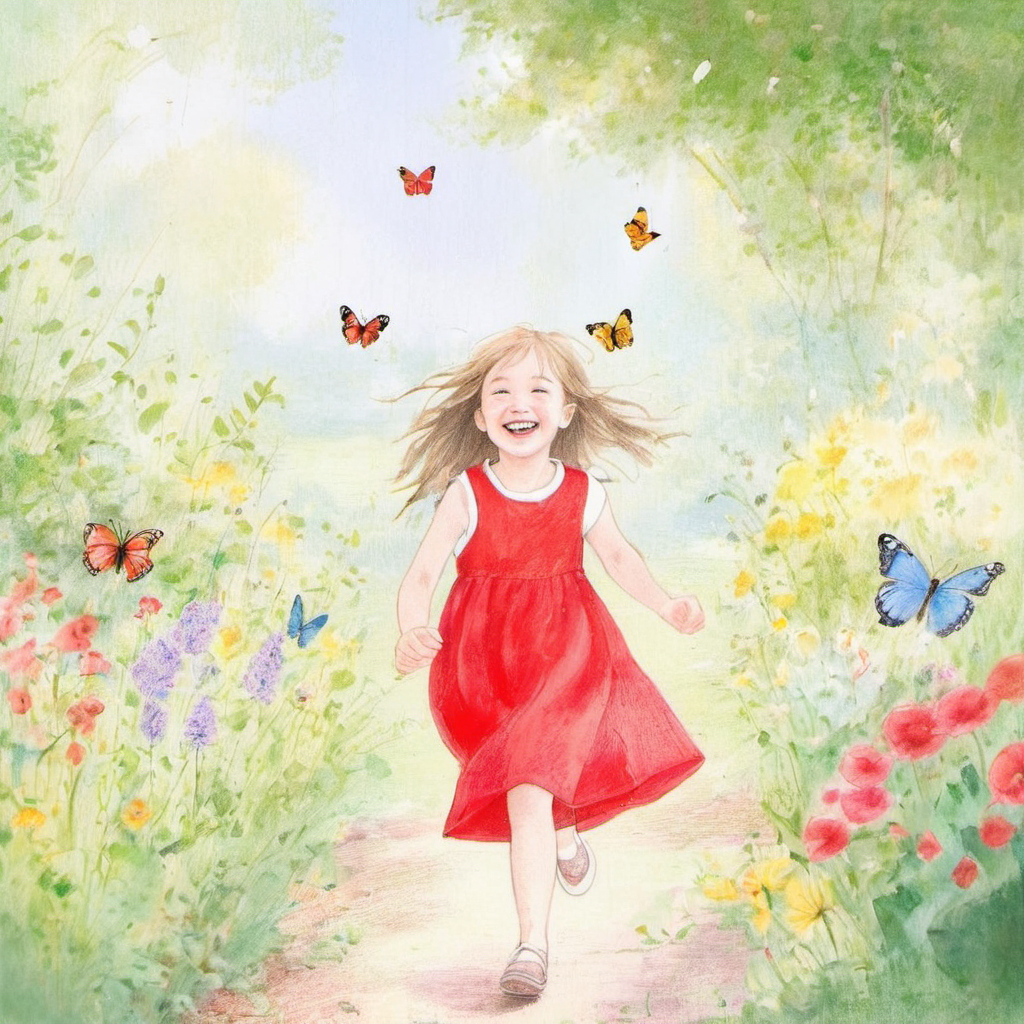 traditional media,((best quality))), ((masterpiece)),1girl, garden, red dress, running, flowers in hair, laughing, sunny day, greenery, butterflies, vibrant colors