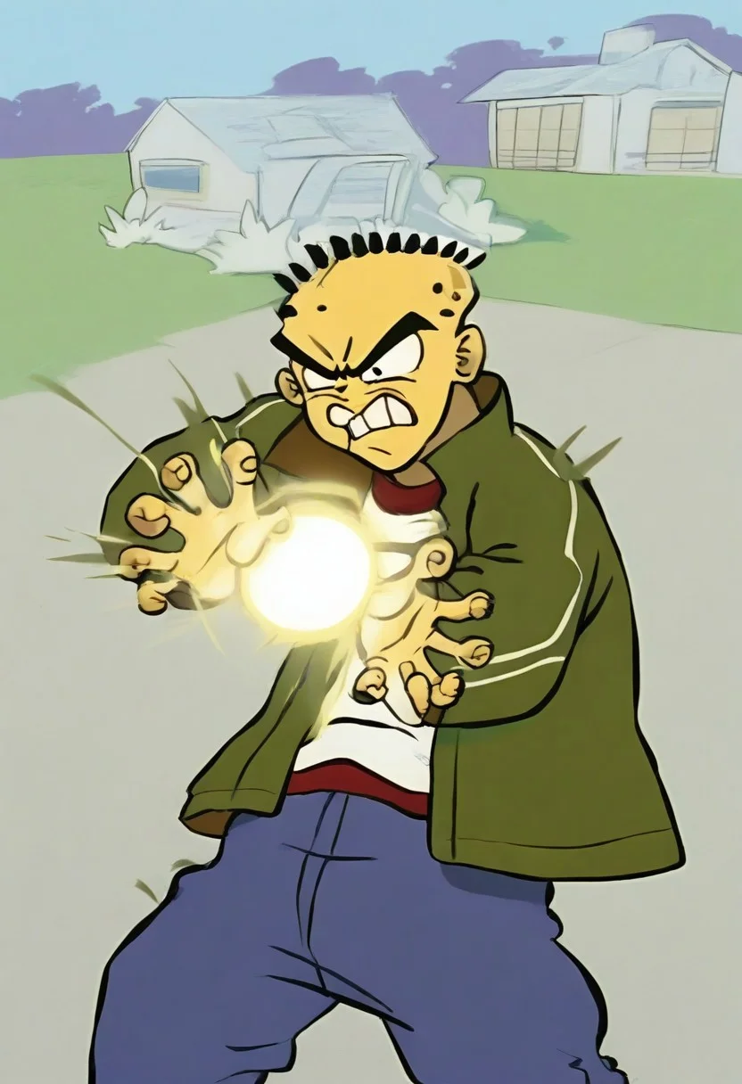 Masterpiece, best quality, 8k, newest, absurdres, highly detailed, 1boy, solo, edboi, mnbrow, green jacket, striped red and white shirt, unibrow,
Kamehameha-Trow,SHARP laser beam,energy beam out of hands moving forward,outstrecthed arms, claw gesture, side view,
,
BREAK
,angry expression, houses in background, day,