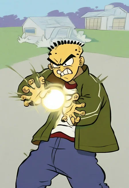 Masterpiece, best quality, 8k, newest, absurdres, highly detailed, 1boy, solo, edboi, mnbrow, green jacket, striped red and white shirt, unibrow,
Kamehameha-Trow,SHARP laser beam,energy beam out of hands moving forward,outstrecthed arms, claw gesture, side view,
,
BREAK
,angry expression, houses in background, day,