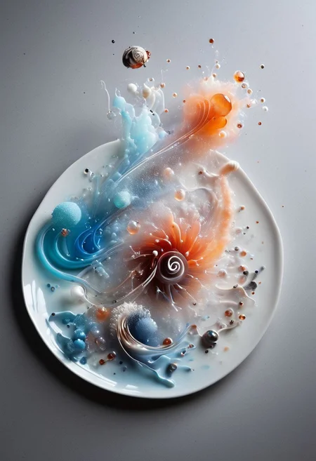 <lora:ElementsMixSDXL:1.0> ElementsMix (Wind:0.6),(Earth:0.5),(Fire:0.4),(Water:0.8), jellies in the shape and color of each element beautifully plated on a high-end ceramic plate for a michelin star meal, creative molecular gastronomy, award winning food photography, mise en place