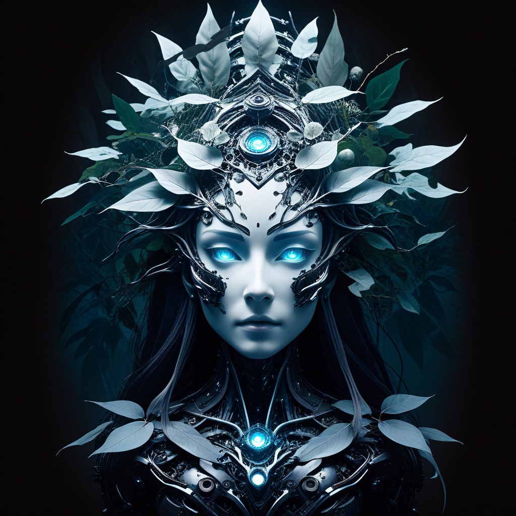Studio Ghibli Dark Fairytale, intricate cyborg Portrait of a female Robotic entity with Long billowing Hair Made of leafs, black hollow eerie head, No Face, DARK moody