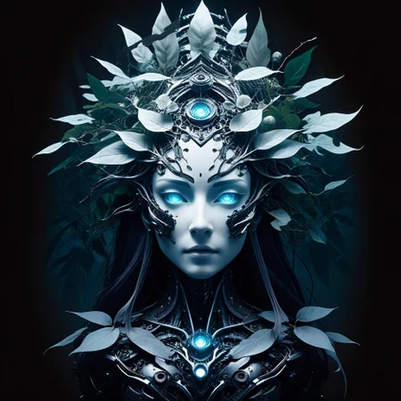 Studio Ghibli Dark Fairytale, intricate cyborg Portrait of a female Robotic entity with Long billowing Hair Made of leafs, black hollow eerie head, No Face, DARK moody