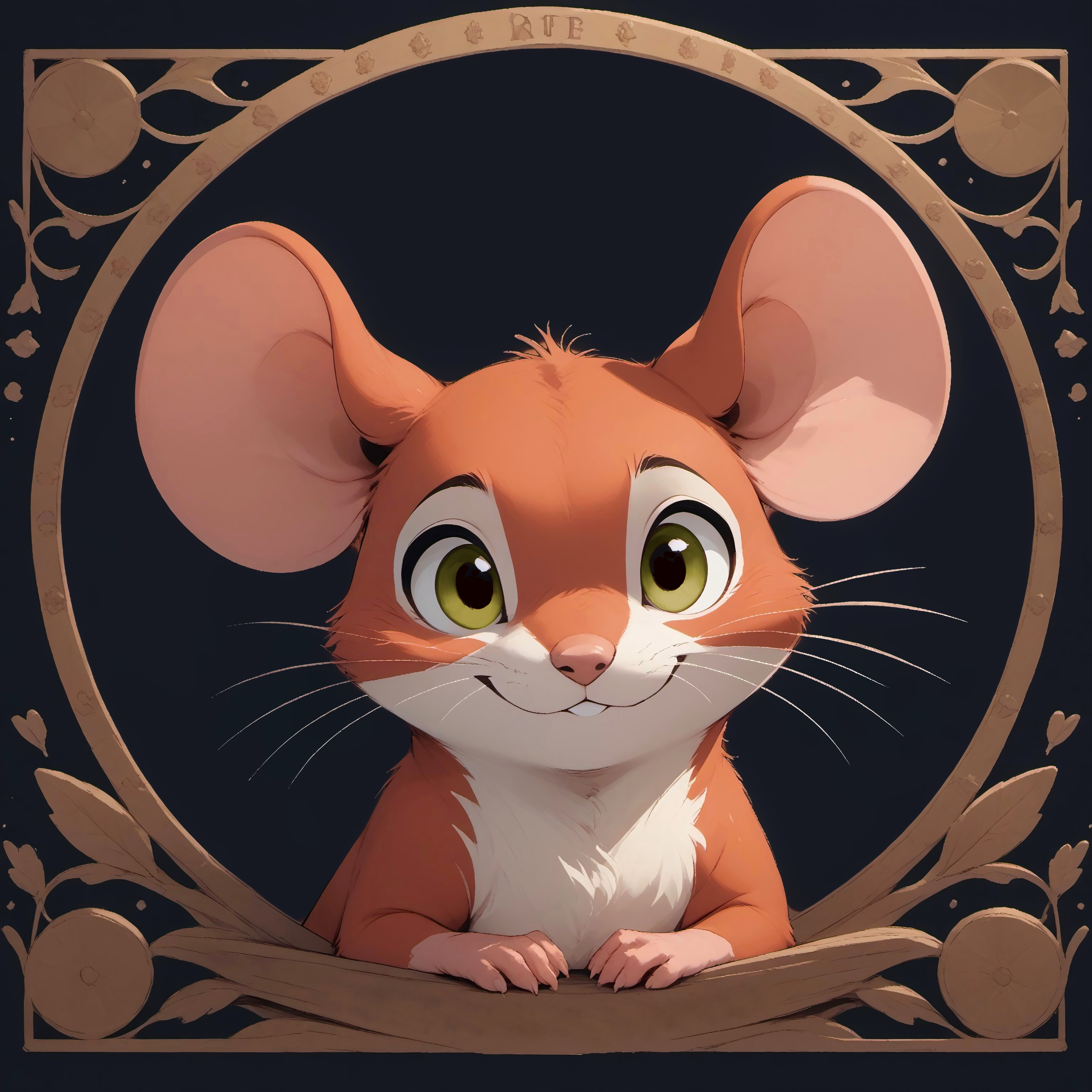score_9, score_8_up, score_7_up, score_6_up, score_5_up, score_4_up,
[][][][][]
(feral:1.5), (cute:1.6), m0use_goldie, flat color,
[][][][][]
hazel eyes, red fur, male,
[][][][][]
m0use_goldie,
[][][][][]
(upper body portrait, head focus:1.5), look at viewer, 
[][][][][]
(dark background:1.5), art nouveau, (chibi:0.8),