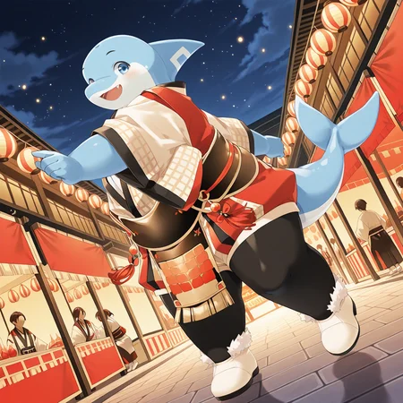intricate textures, luminous lighting, cinematic ambiance, shimmering gradients, ethereal glow, deep contrast, soft volumetric fog, subtle particles, radiant reflections, rich color tones, detailed background, high quality, masterpice, t-noto, dolphin boy, male focus, 1boy, chubby, dancing, japanese clothes, japanese belt, nu carnival, fire around, dutch angle, dynamic pose, dynamic angle, black pants, white footwear, anthropomorphism dolphin, red clothes, <lora:noto-v2-10:1> outdoors, festival,